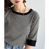 ブラック×アイボリー | 大人可愛いの新定番。袖リンガーボートネック胸刺繍ボーダーTシャツ(半袖) | Classical Elf