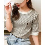 グレイッシュベージュ×アイボリー | 大人可愛いの新定番。袖リンガーボートネック胸刺繍ボーダーTシャツ(半袖) | Classical Elf