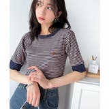ネイビー×ピンク | 大人可愛いの新定番。袖リンガーボートネック胸刺繍ボーダーTシャツ(半袖) | Classical Elf