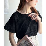 ブラック | 大人のおしゃれ度ワンランクアップ。チュールフラワーコード刺繍半袖Tシャツ | Classical Elf
