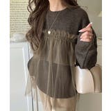 ブラウン | 大人の女性にぴったり！チュールドッキングボリュームスリーブニット（長袖） | Classical Elf 