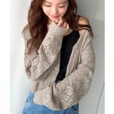 グレイッシュベージュ | 着るたび、雰囲気美人。前後2way格子柄透かし編みショート丈ニットカーディガン | Classical Elf