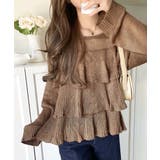 キャメル | ふんわり大人フェミニン♪ティアードフリルモヘアタッチメッシュ編みニット（長袖） | Classical Elf 