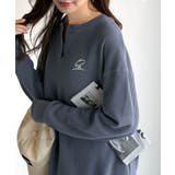 ブルー | 洒落感アップのこなれT。胸刺繍ワッフルオーバーサイズキーネックロンT(長袖) | Classical Elf