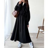 ブラック | ぽわんとあざとく。ウエストリボン使い配色ステッチキーネックワンピース（長袖） | Classical Elf 