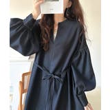 ネイビー | ぽわんとあざとく。ウエストリボン使い配色ステッチキーネックワンピース（長袖） | Classical Elf 