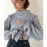 ブルーグレー | 袖のニュアンスで魅せる♪前後2way袖フリル配色メロウプリーツトップス（長袖） | Classical Elf 