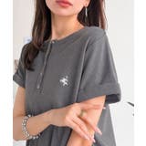 チャコール | すっきり華奢魅せ。袖ロールアップ胸刺繍入りヘンリーネックリブTシャツ (半袖) | Classical Elf