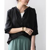 ブラック | てろんとしなやか。ギャザー袖バンドカラーシャツ | Classical Elf
