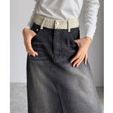 ブラック | 上品見えする大人のデニム。ウエスト異素材切り替え 裾カットオフ デニムスカート | Classical Elf 