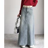 ブルー | 上品見えする大人のデニム。ウエスト異素材切り替え 裾カットオフ デニムスカート | Classical Elf 