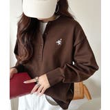 ブラウン | 顔周りスッキリ&胸元刺繍で映える♪配色刺繍ヘンリーネックニット | Classical Elf 