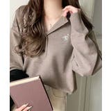 グレージュ | 顔周りスッキリ&胸元刺繍で映える♪配色刺繍ヘンリーネックニット | Classical Elf 