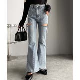 ブルー | 甘すぎないスリットで肌魅せ美脚。ウエストピコレースカットアウトリボン使いデニムパ… | Classical Elf 