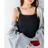 ブラック | １枚で今っぽデザイン。小花柄ダブルストラップリボンカップ付きレースキャミソール | Classical Elf 
