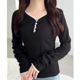 ブラック | 【mily bilet】華やかさと可愛さを1枚で。花柄レース使い袖ギャザーヘンリ… | Classical Elf 