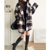 起毛ブークレチェック柄コクーンシルエットダブルジャケットコート | Classical Elf  | 詳細画像10 