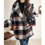 起毛ブークレチェック柄コクーンシルエットダブルジャケットコート | Classical Elf  | 詳細画像14 