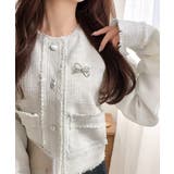オフホワイト | きらめく魔法に甘さを添えて♪リボンブローチ使い長袖ラメ入りツイードジャケット | Classical Elf 