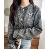 ブラック | きらめく魔法に甘さを添えて♪リボンブローチ使い長袖ラメ入りツイードジャケット | Classical Elf 