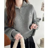 チャコールグレー | 大人可愛いクラッシュトップス。ダメージハーフジップ胸刺繍ニット | Classical Elf