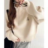 大人可愛いクラッシュトップス。ダメージハーフジップ胸刺繍ニット | Classical Elf | 詳細画像1