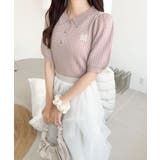 きちんと上品大人キュート。胸刺繍ケーブルニットパフスリーブポロシャツ | Classical Elf | 詳細画像19