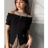 抜け感レディースタイル。ロゴ刺繍オフショル２WAYダブルジップケーブル柄サマーニ… | Classical Elf  | 詳細画像14 