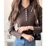 ブラウン | 【mily bilet】配色ラインがポイント♪上品なポロ襟リブニット | Classical Elf 