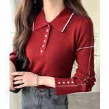 バーガンディー | 【mily bilet】配色ラインがポイント♪上品なポロ襟リブニット | Classical Elf 