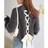 チャコール | 背中で惹きつける、大人の甘さ。バッグリボンレースアップ衿レースレイヤードニットプ… | Classical Elf 