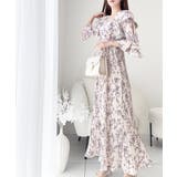 ピンク | 【mily bilet】優雅にスタイルアップ。フリル襟花柄肩スリットワンピース | Classical Elf