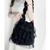 ブラック | 即華やか見え。ラインストーン付きチュールフリルドロスト巾着バッグ | Classical Elf
