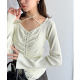 デコルテ華奢魅せ。チョーカー紐＆ブローチ付き胸シャーリングニットプルオーバー | Classical Elf  | 詳細画像2 