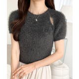 チャコールグレー | ふんわり大人ガーリーな雰囲気を。胸刺繍肩スリット半袖シャギーニットプルオーバー | Classical Elf 