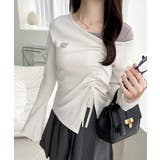 アイボリー | 美しいシルエット！アシメネックレイヤード風シャーリング使い袖フレア胸刺繍カットソ… | Classical Elf 