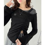 ブラック | 美しいシルエット！アシメネックレイヤード風シャーリング使い袖フレア胸刺繍カットソ… | Classical Elf 