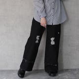 ワンウォッシュブラック | クラッシュダメージ加工 リメイク風デニムワイドパンツ ボトムス | SELECT LEVERY