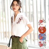 花柄刺繍半袖スキッパーシャツ(フレンチスリーブ ストライプ Vネック | coca | 詳細画像1 
