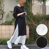 サイドスリットロング丈コットンカットソー(5分袖 チュニック 無地 綿100％ 膝下 Tシャツ ワンピース トップス 19sscoca コカ)