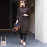 しっとりやわらかハイネックニットワンピース/yokoさん着用(ひざ丈 Iライン タートルネック 長袖 無地 スリット 19aw coca コカ）