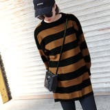 バルーンスリーブ太ボーダーニットチュニックcocaオリジナル(長袖 ロング丈 セーター クルーネック トップス ブラウン 18awコカ)