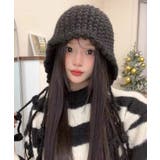 ブラック | 冬新作 ポンポン紐付き フードニットキャップ | LOVERS