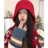 レッド | 冬新作 ポンポン紐付き フードニットキャップ | LOVERS