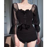 ブラック | 冬新作 シースルーパフスリーブ 長袖ワンピース水着 | LOVERS