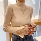 袖レースニット リブニット ハイネック ニット レディース ハイネック レース リブ セーター 長袖 ニットセーター トップス タートル タートルネック 暖かい オフィス オフィスカジュアル 華やか 大人 可愛い 秋冬 春 秋 冬 韓国 韓国ファッション