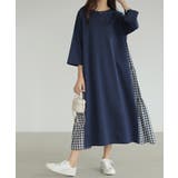 ネイビー | 7分袖 Tシャツワンピース ギンガムチェック柄 | COCOMOMO