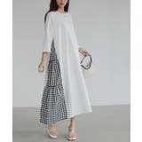 ホワイト | 7分袖 Tシャツワンピース ギンガムチェック柄 | COCOMOMO