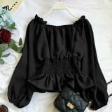 ブラック | ギャザーチュニック 春ブラウス オフショルトップス | COCOMOMO