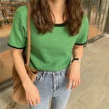 グリーン | レディース ショート丈 ポリエステル ニットTシャツ 夏 | COCOMOMO